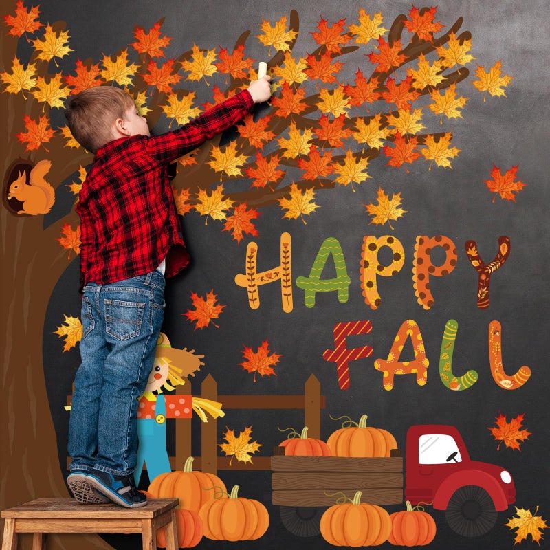 Whaline 100Pcs Happy Fall Bulletin Board Decorations Fall Tree Maple Leaf Pumpkin Scarecrow Cutouts Thanksgiving Autumn Classroom Decor with Glue Points for Home School Chalkboard Wall Decor - Image 4